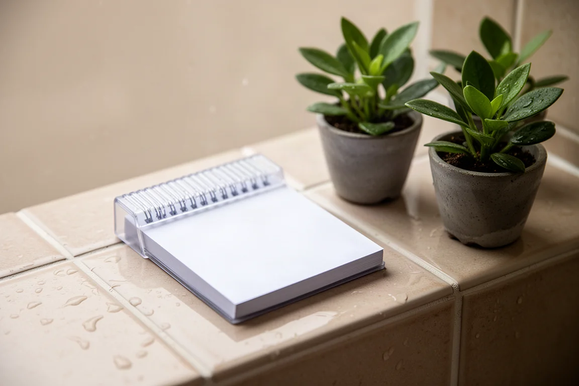 Water-repellent memo pad in use near potted plants
