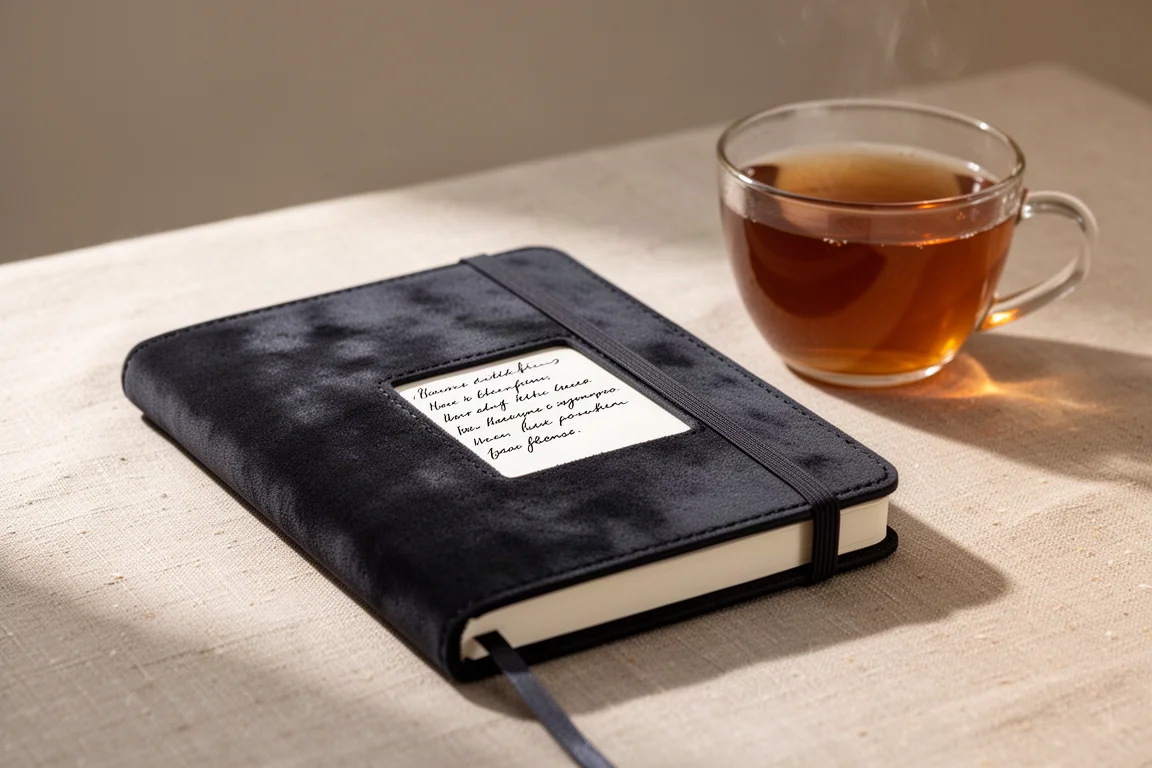 Compact leatherette journal open to a short daily entry