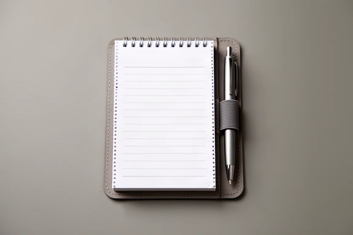 Perforated memo pad with dated headers and a pen loop holder