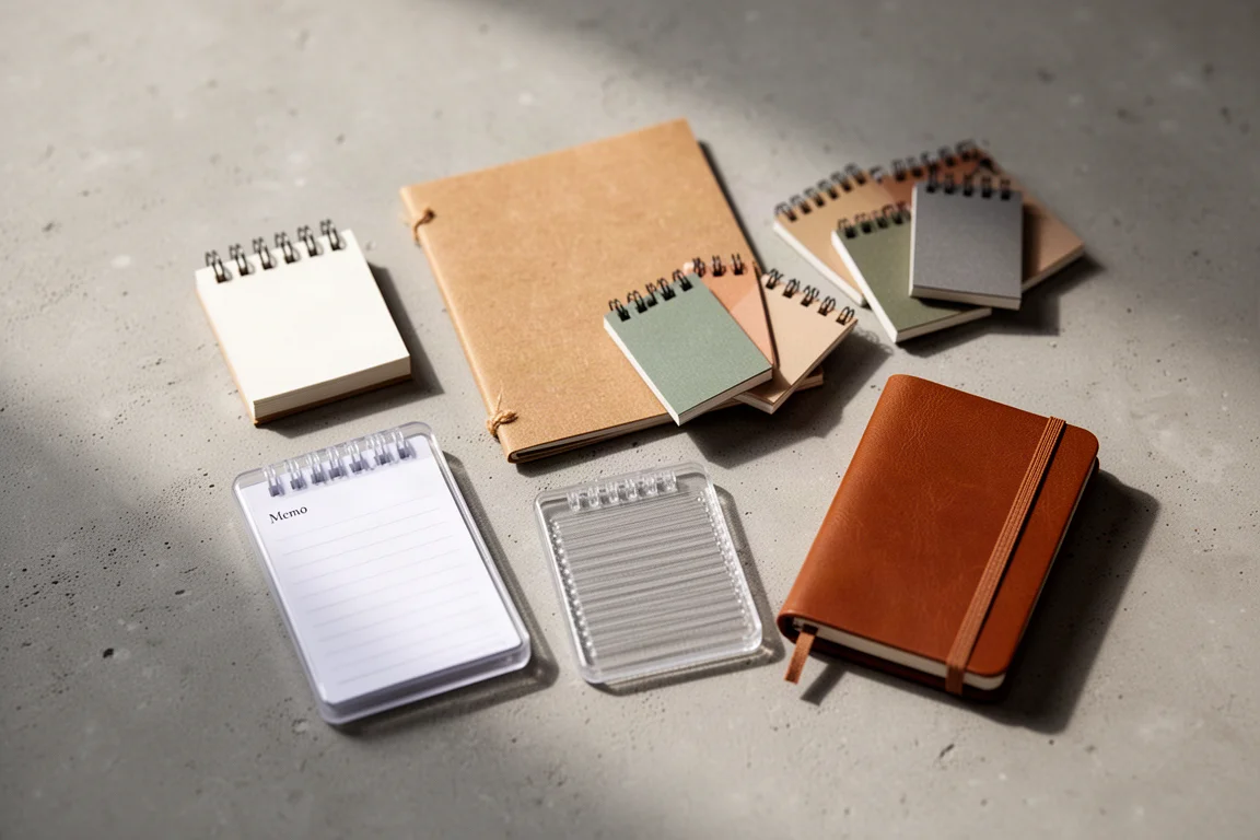 Flat-lay of assorted miniature notebooks and memo pads on a concrete surface