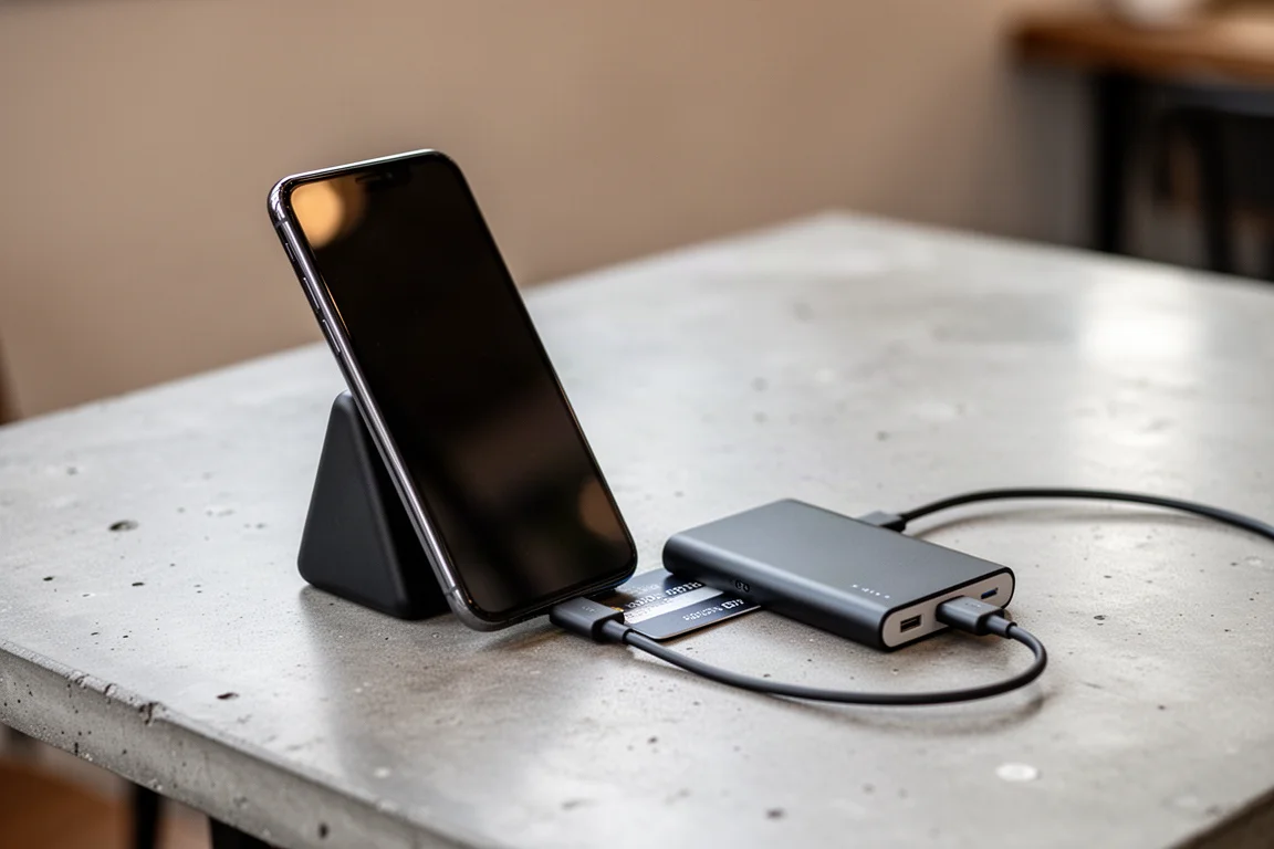 智能手機正由收在外套口袋裡的纖薄卡片型充電池充電