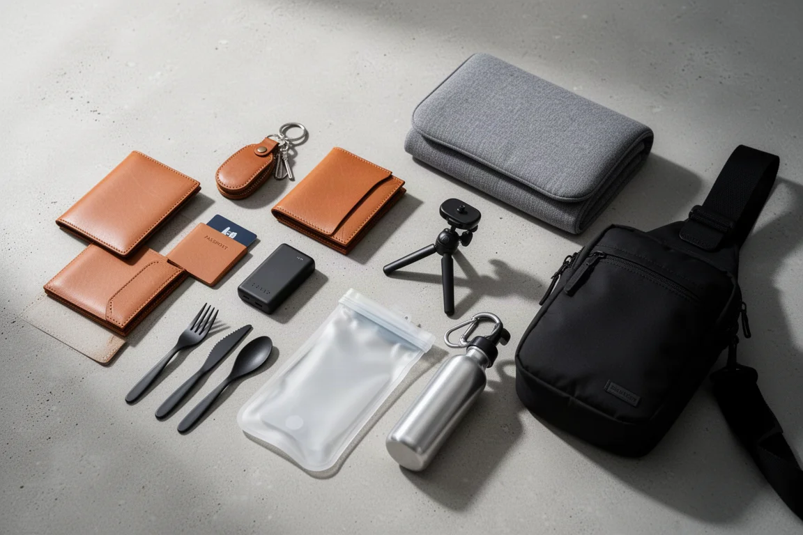 Flat lay di dieci accessori da viaggio minimali su una superficie di cemento
