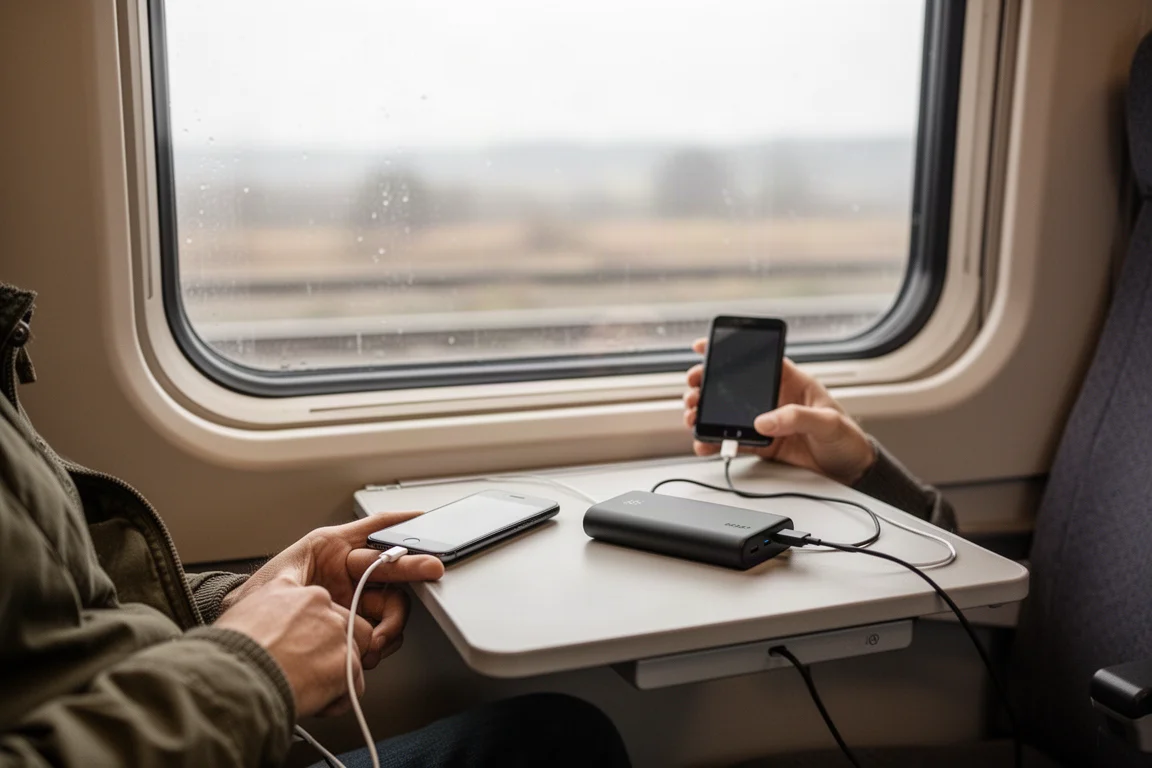 Podróżny ładujący telefon z kompaktowego powerbanka na stoliku w pociągu