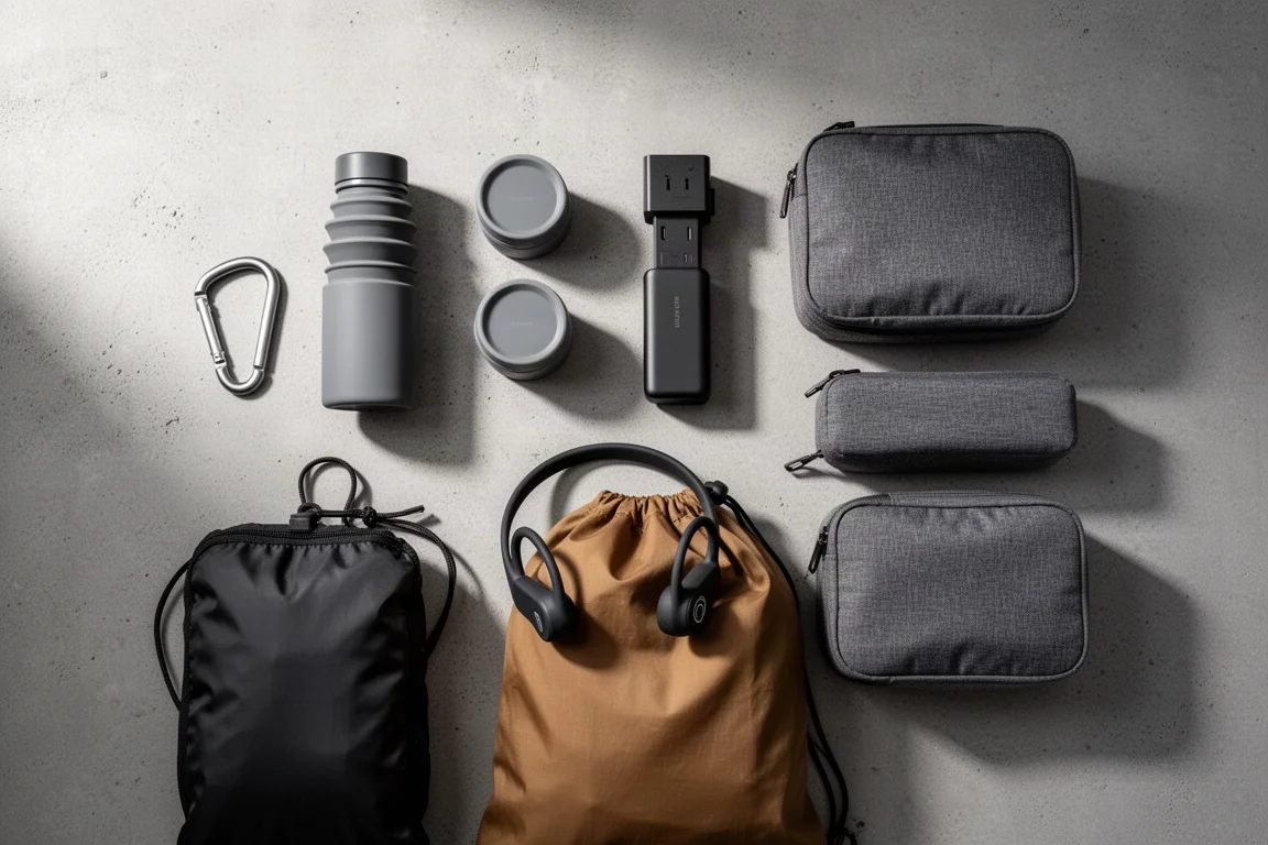 Composizione flat-lay di attrezzatura da viaggio minimalista con moschettone, bottiglia richiudibile, power bank, cuffie e cubi da imballaggio