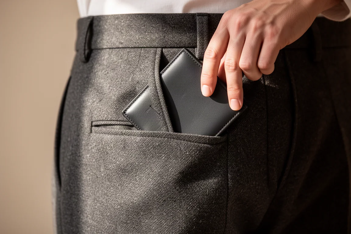 Minimalist leather wallet slipping into a jacket pocket