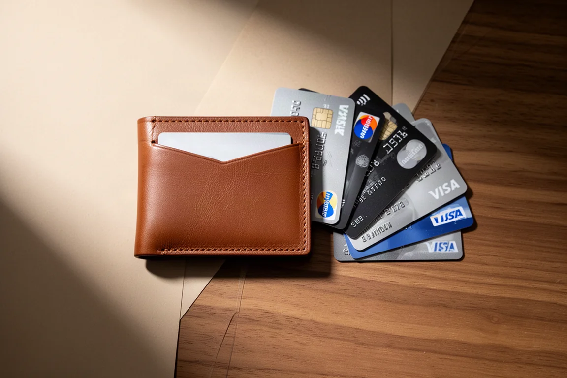 Leather card wallet holding several credit cards on a desk