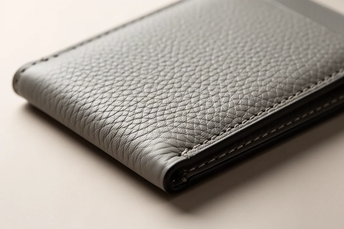 Slim card sleeve wallet showing fine leather texture detail