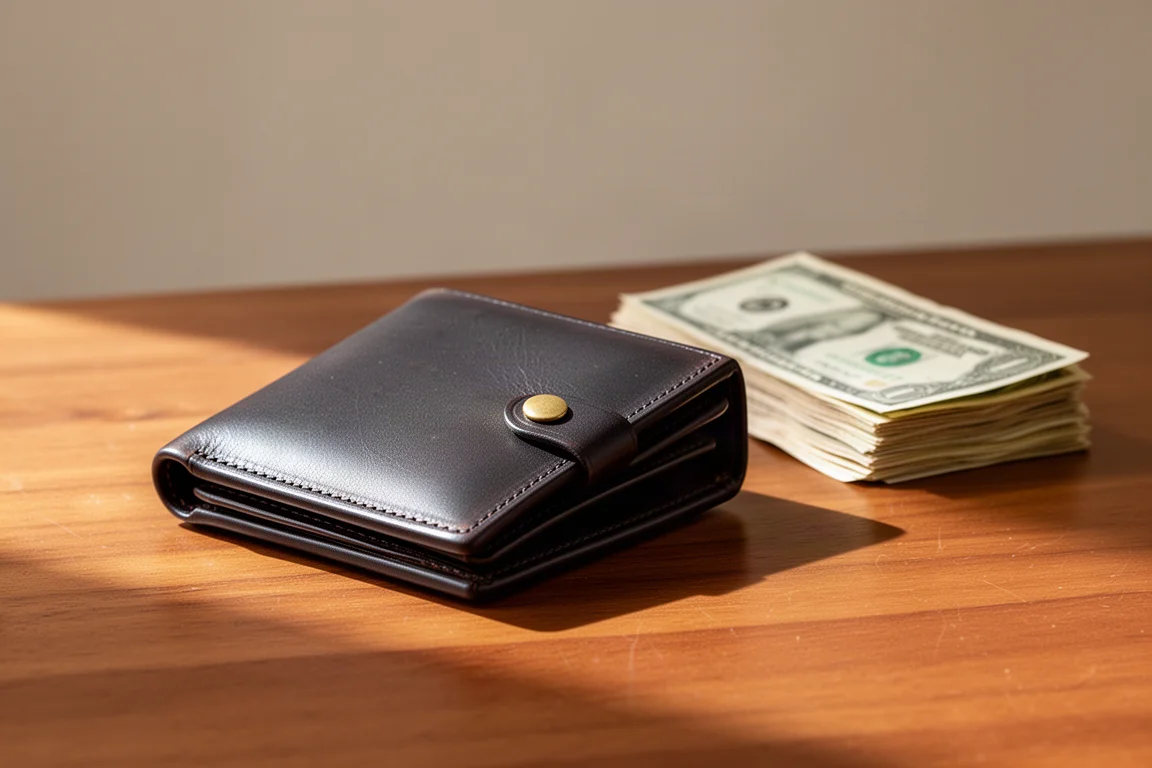 Classic leather wallet with brass snap on a wooden table