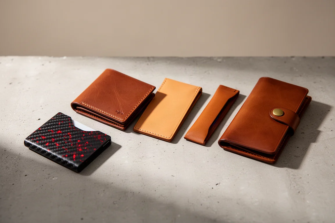 Five minimalist wallets in leather and forged carbon fiber arranged on a concrete surface