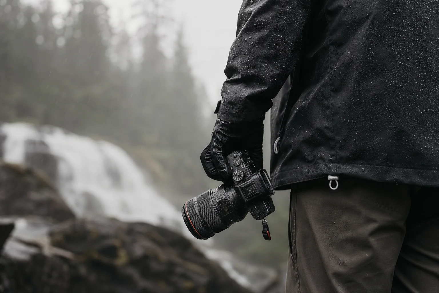 Adventure photographer in rain with weather-sealed camera in misty forest
