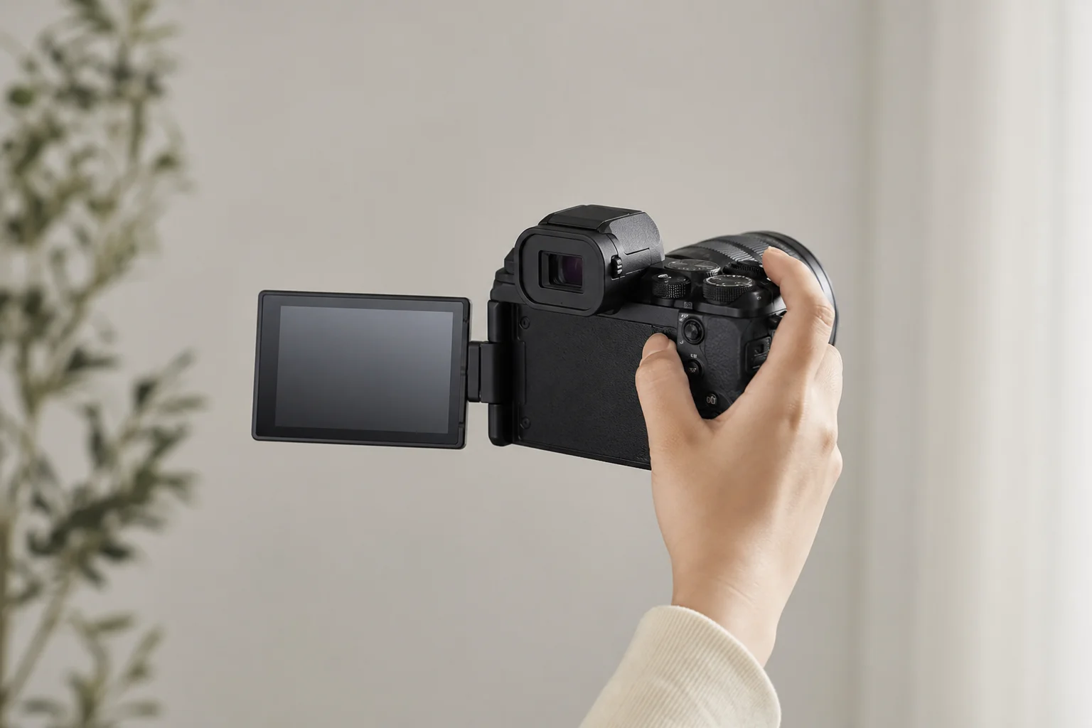 Vlog撮影用にバリアングル液晶モニターを反転させたミラーレスカメラ