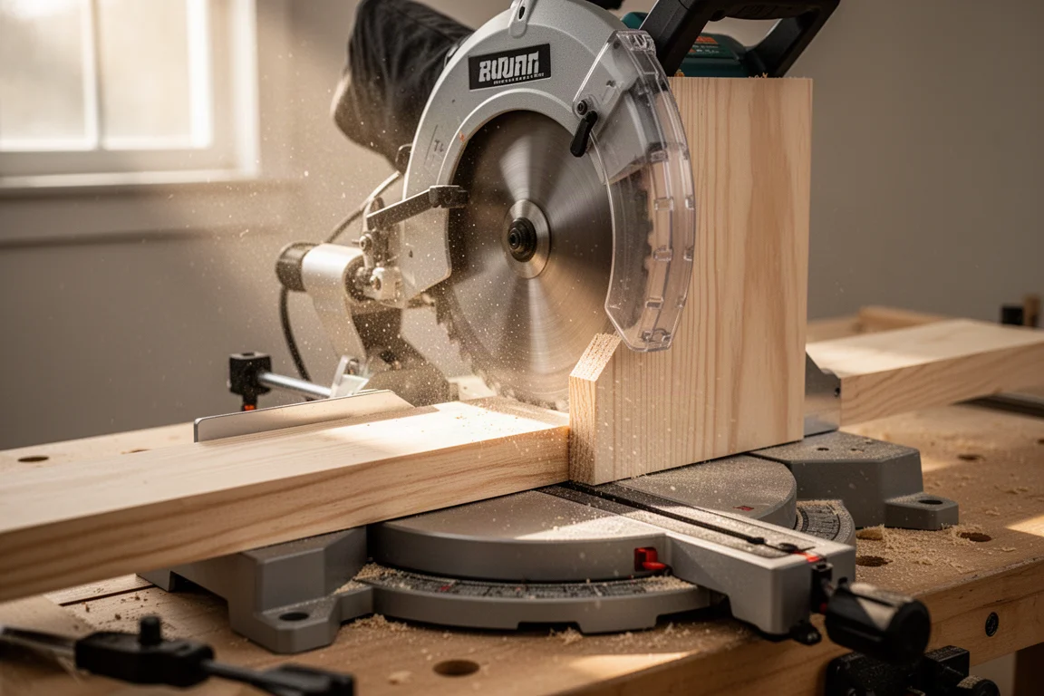 Ingletora inalámbrica cortando un tramo de madera en un taller luminoso