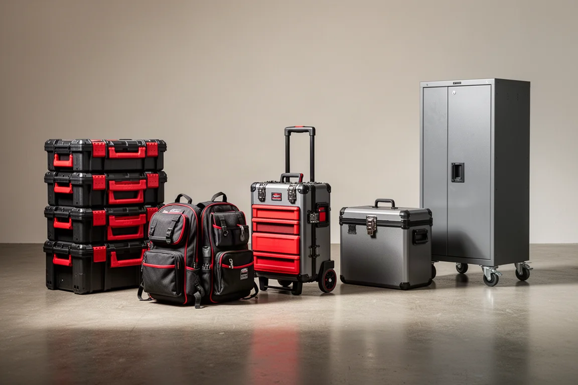 Five modular mobile tool storage systems displayed in a row on a concrete floor