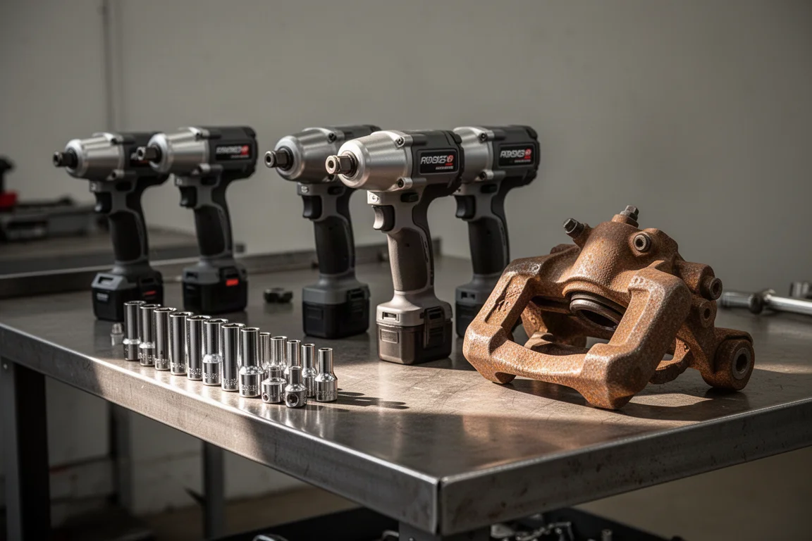 Scène d'atelier avec des outils à choc compacts alignés à côté de fixations automobiles