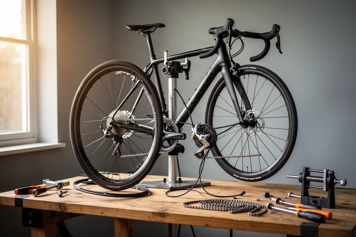 Bicicleta de carretera con frenos de llanta en un soporte de reparación en un taller doméstico con herramientas en un banco de trabajo