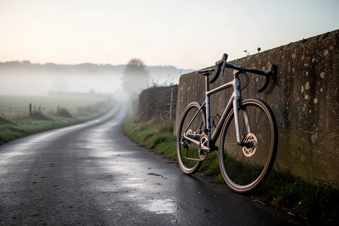 Bicicleta de carretera apoyada contra una pared de hormigón en un camino rural con niebla al amanecer