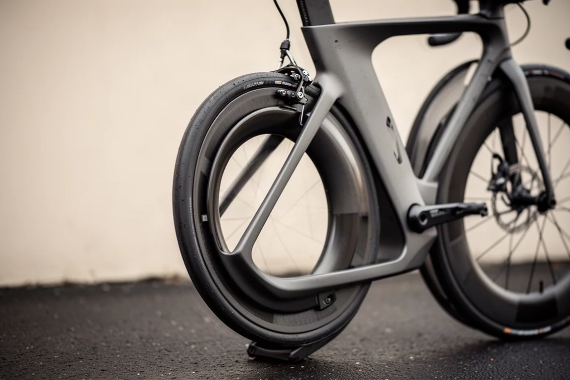 Primer plano de una rueda trasera encajada contra un tubo del sillín recortado en una bicicleta aerodinámica