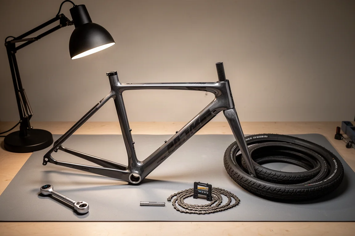 Cuadro de bicicleta de carretera de carbono en un banco de trabajo con una llave dinamométrica y un medidor de desgaste de cadena