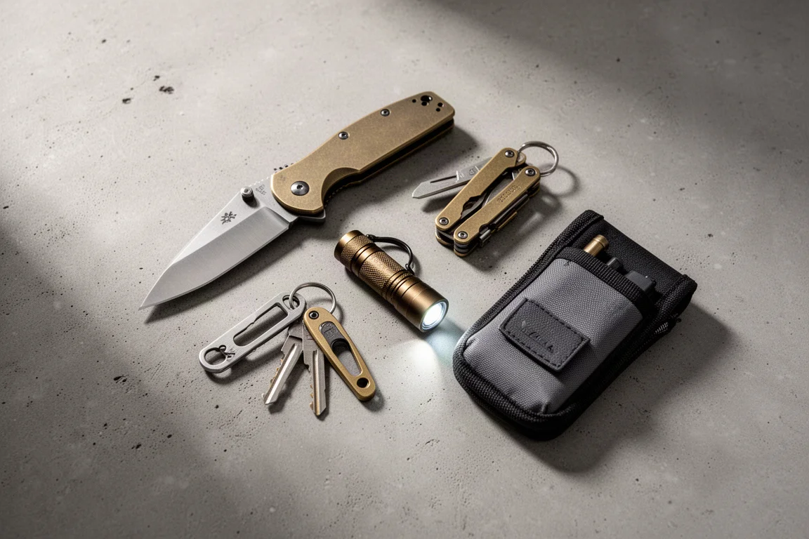 Vue à plat de matériel d'everyday carry personnalisé disposé sur une surface en béton