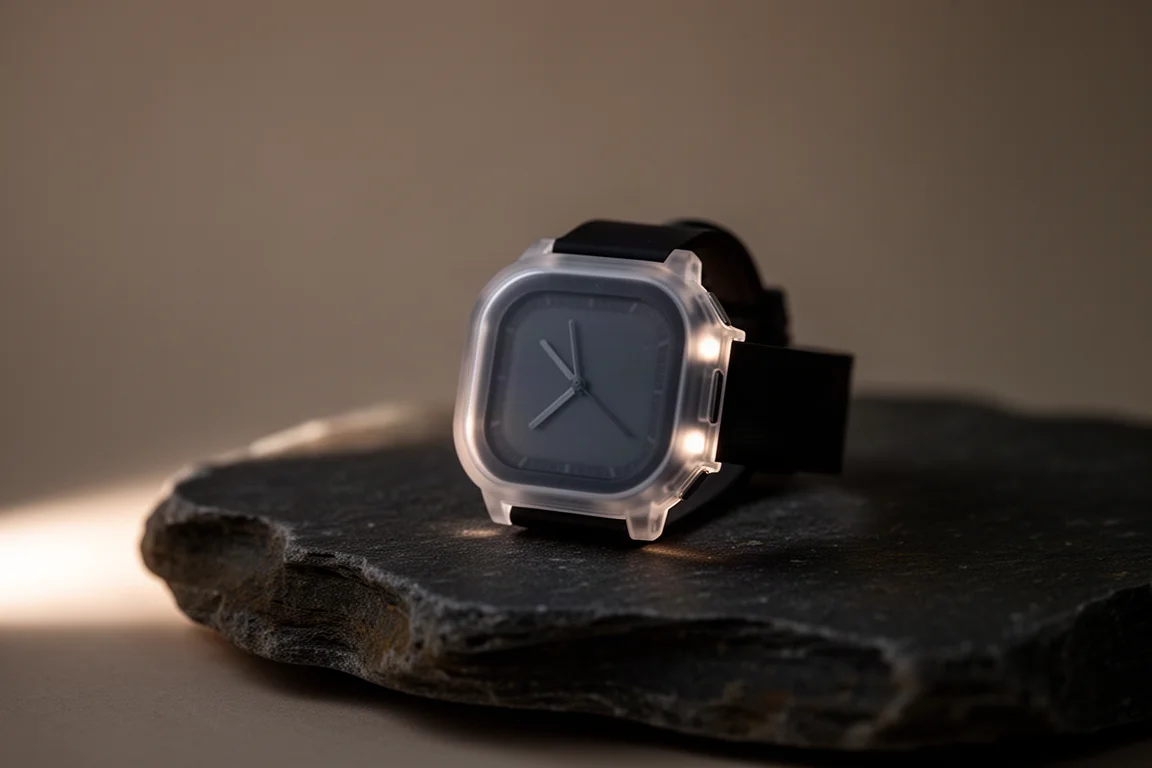Montre numérique à cadran translucide lumineux photographiée en basse lumière