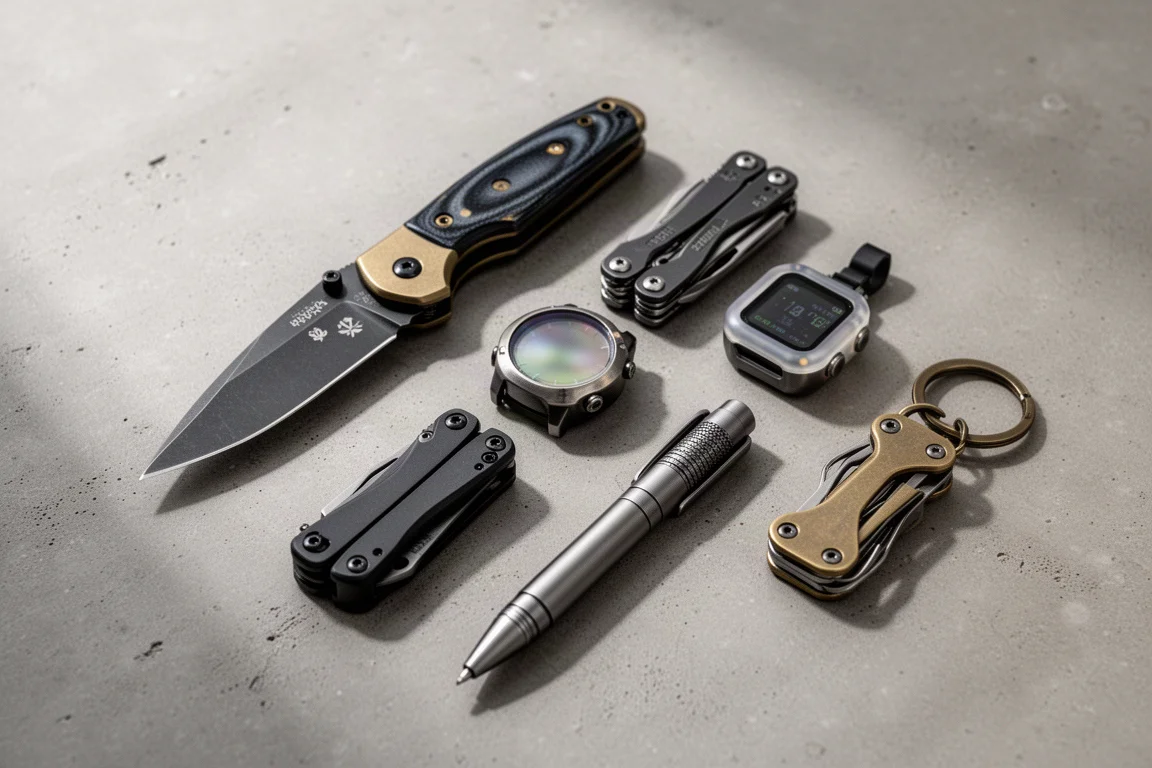 Flat-lay of customized everyday carry gear including a knife, multi-tool and digital watch