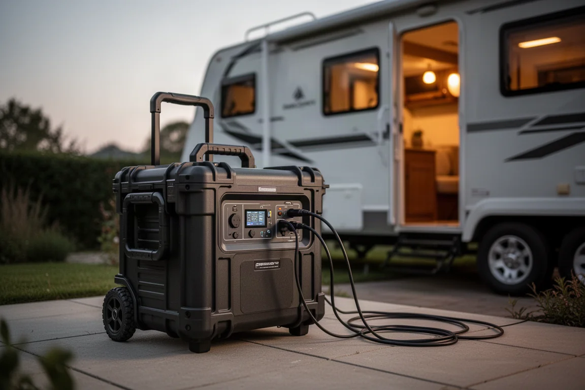 Grote draagbare powerstation aangesloten op een camper op een camping in de schemering