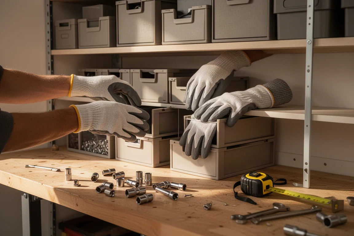 Werkbank in een thuisgarage met gereedschap en opbergboxen die worden ingedeeld