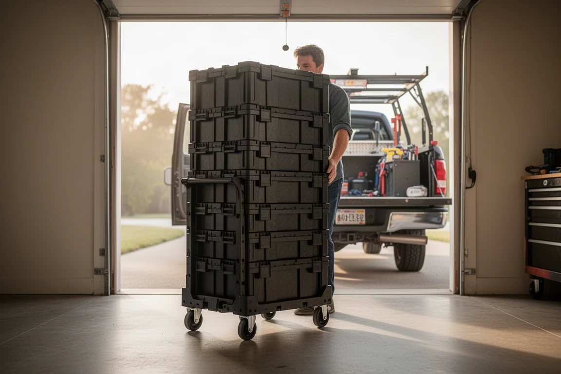 Casse modulari per attrezzi impilate mentre vengono trasportate attraverso una porta di un garage