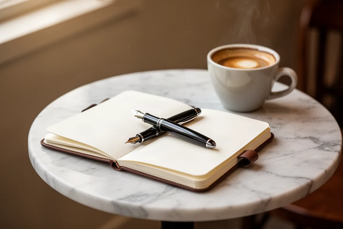 Writer taking notes in a pocket notebook at a cafe table with a fountain pen