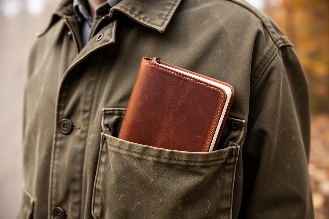Leather pocket notebook in a coat pocket showing worn patina