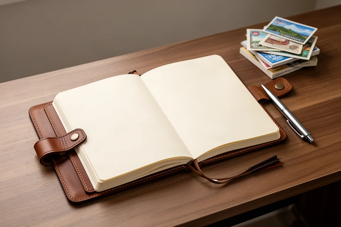 Traveler's notebook open on a wooden desk with room for sketching