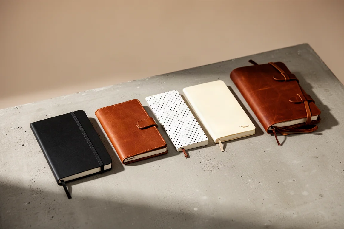 Fünf Pocket Notebooks mit verschiedenen Covern auf einer Betonfläche arrangiert