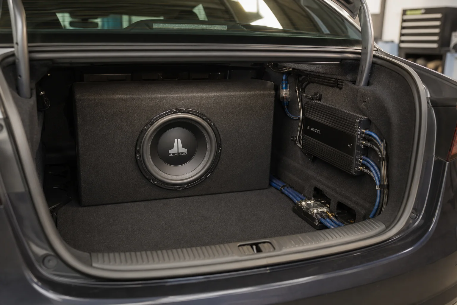 Bagagliaio di un'auto con installazione di subwoofer e amplificatore