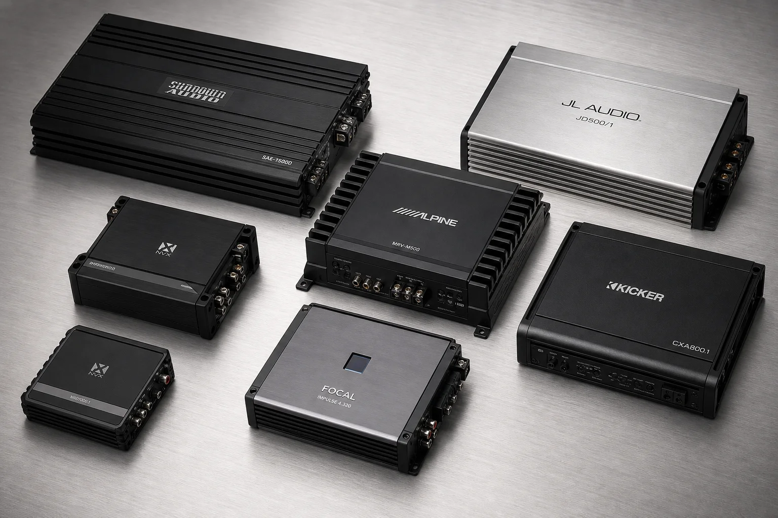 Seven mono car audio amplifiers arranged on brushed aluminium surface