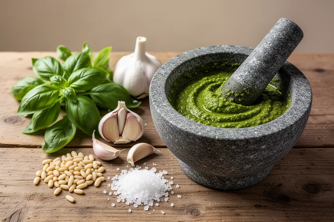 Cuisiniers pilonnant du basilic frais et des pignons en pesto dans un mortier en pierre