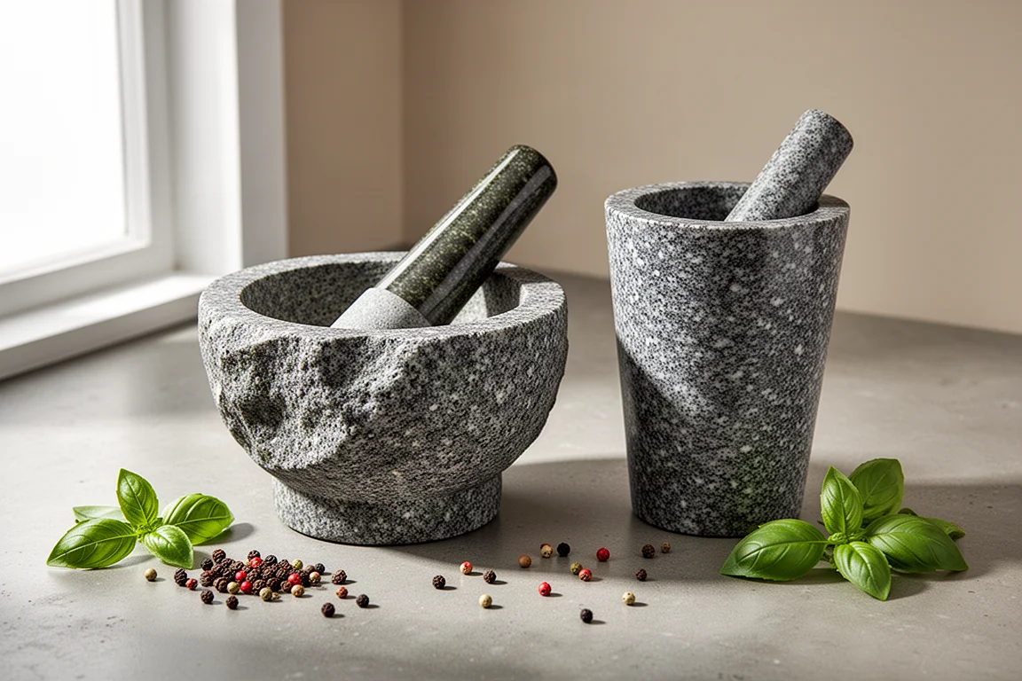 Two natural stone mortar and pestle sets on a concrete kitchen counter with basil and peppercorns
