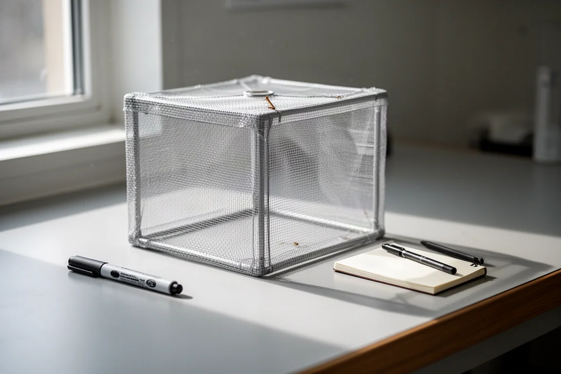 Recinto per insetti in rete fine su un banco da laboratorio chiaro con un pennarello e un quaderno
