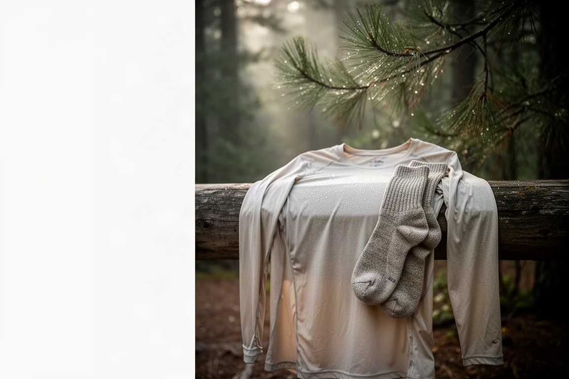 Camicia da escursionismo e calze di lana appoggiate su una staccionata di legno in un campeggio nel bosco