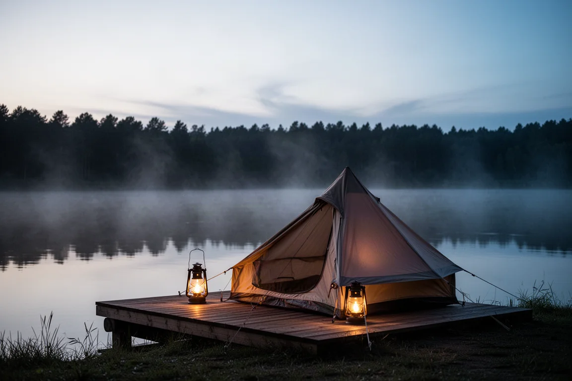 Tenda illuminata dalla luce di una lanterna in un campeggio sul lago al crepuscolo