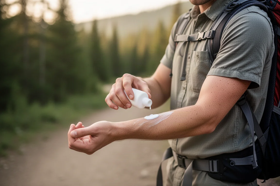 Escursionista che applica una lozione da una piccola bottiglia bianca sull'avambraccio all'inizio di un sentiero nel bosco