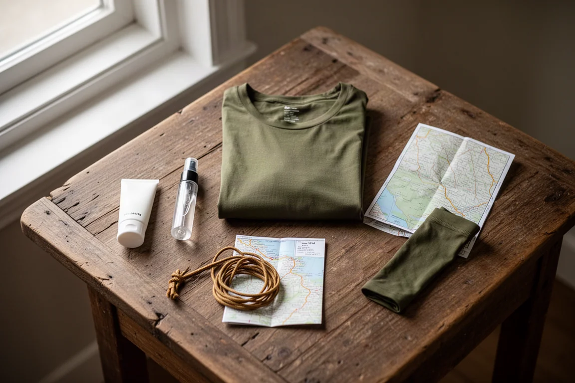 Flat lay di oggetti essenziali per un'escursione su un tavolo di legno con flaconi di repellente e una camicia piegata