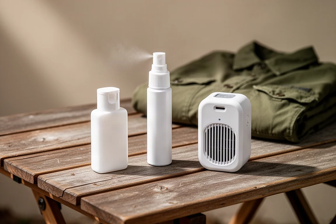 Three insect protection products on a wooden camp table with a folded hiking shirt
