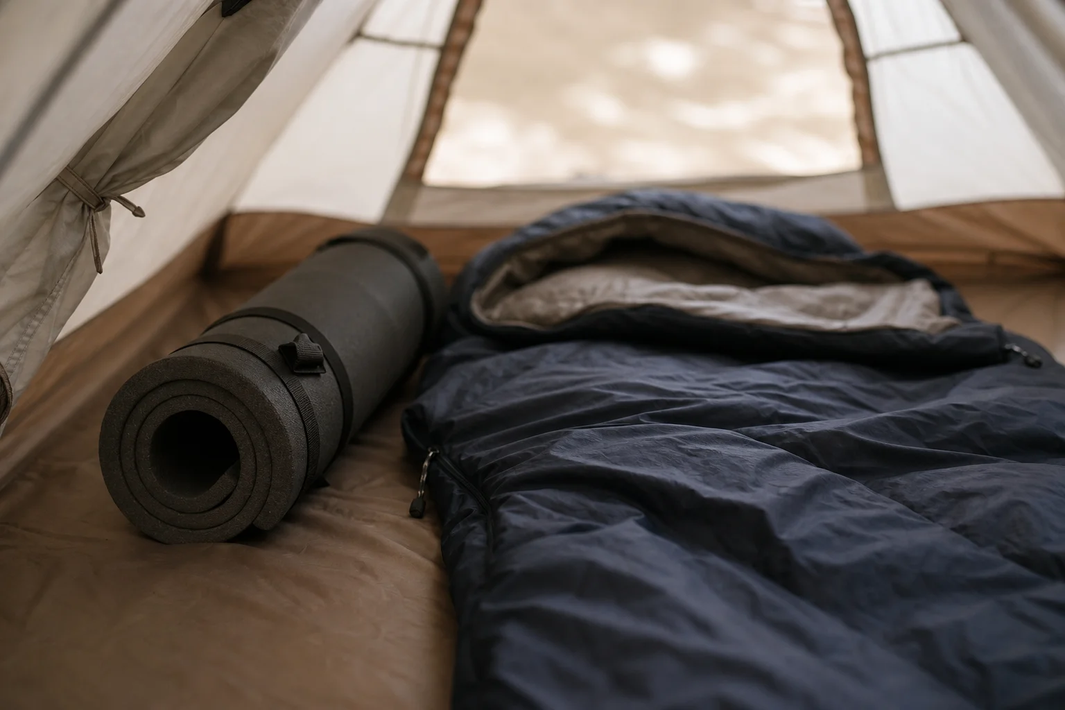 Primer plano de una esterilla y un saco de dormir desplegados en el interior de una tienda