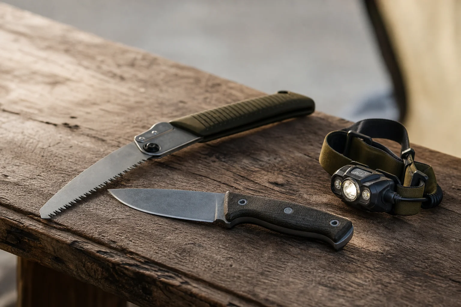 Herramientas de acampada sobre una superficie de madera: sierra plegable, cuchillo y linterna frontal