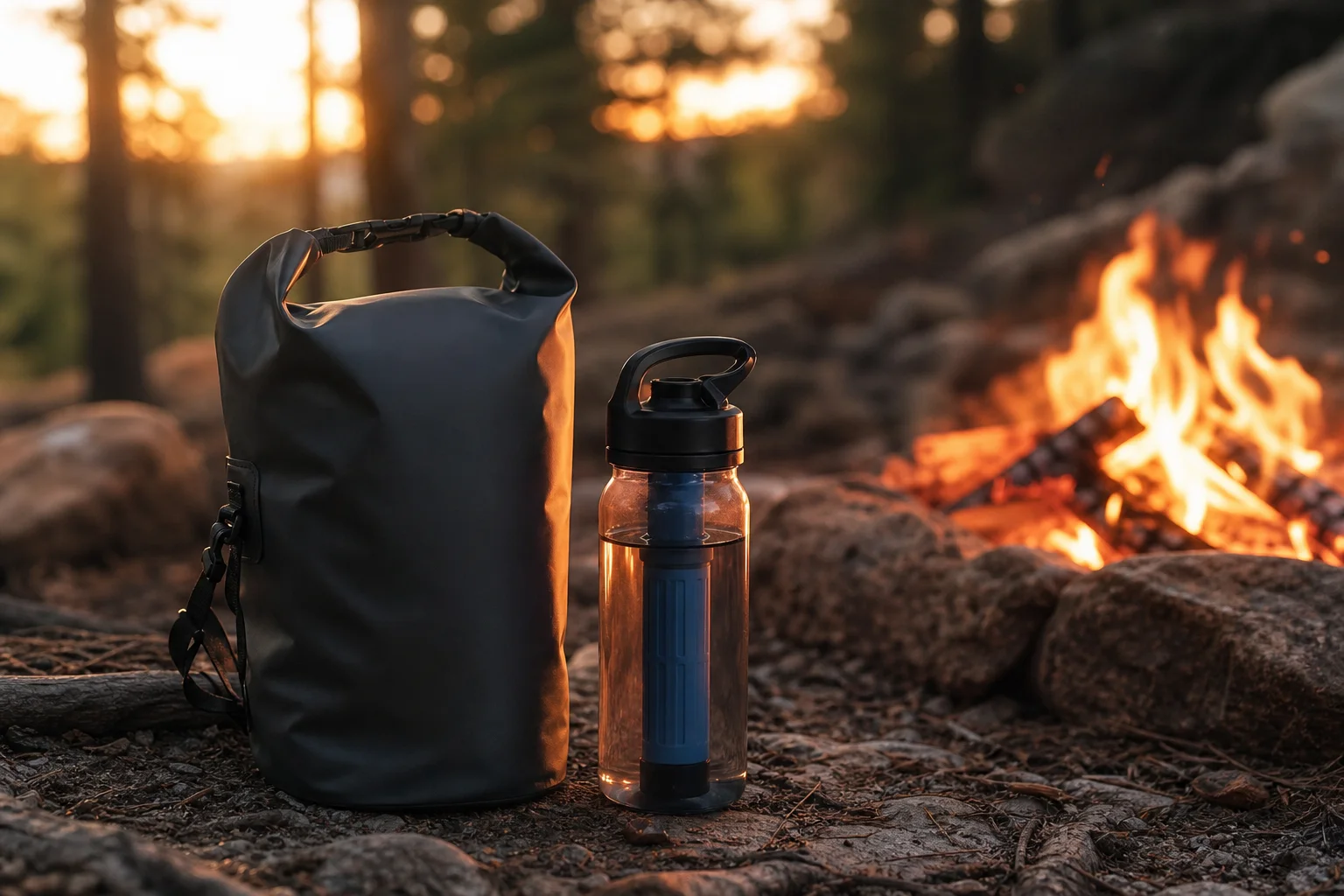 Una bolsa estanca y un filtro de agua colocados cerca de una hoguera al atardecer