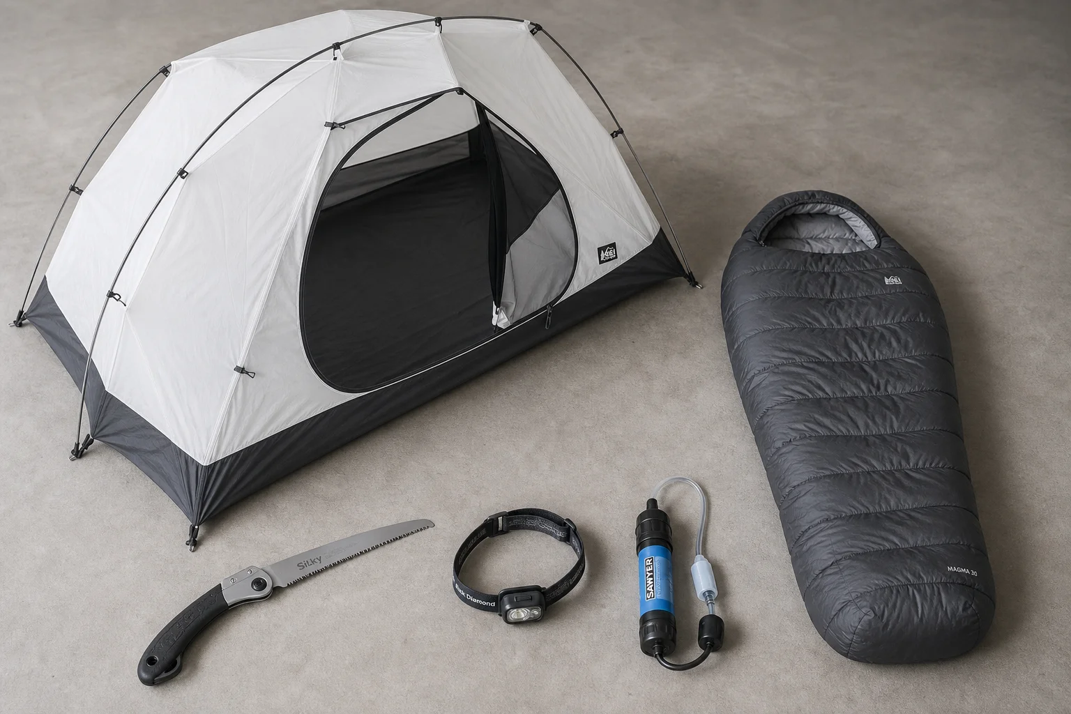 Equipamento de moto camping incluindo barraca, saco de dormir, serra, lanterna de cabeça e filtro de água sobre concreto
