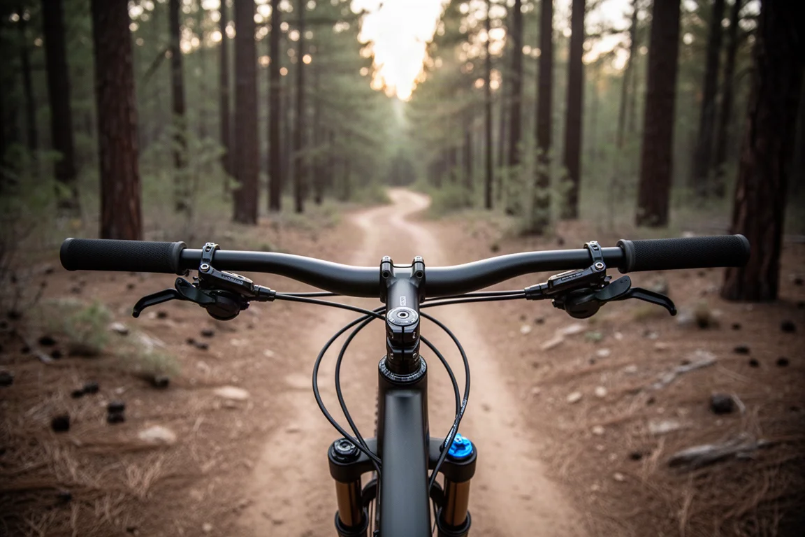 Cockpit van een mountainbike op een bospad met remhendels en leidingen scherp in beeld