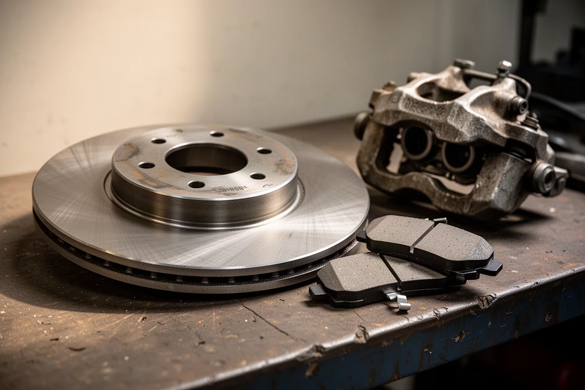 Eenvoudige stalen remrotor en resin remblokjes op een werkbank