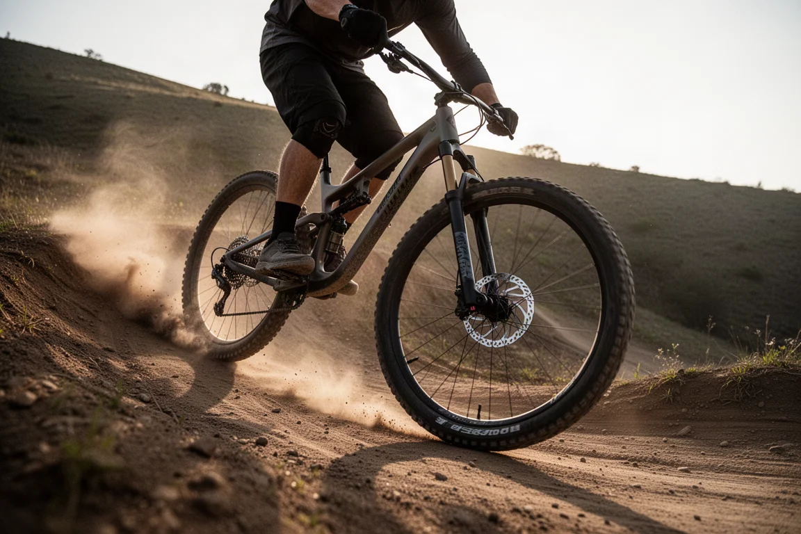 Mountainbiker daalt af over een los, stoffig pad richting een kombocht