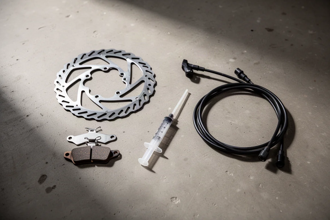 Flat lay van remrotor, metalen remblokjes, ontluchtingsspuit en leiding op beton